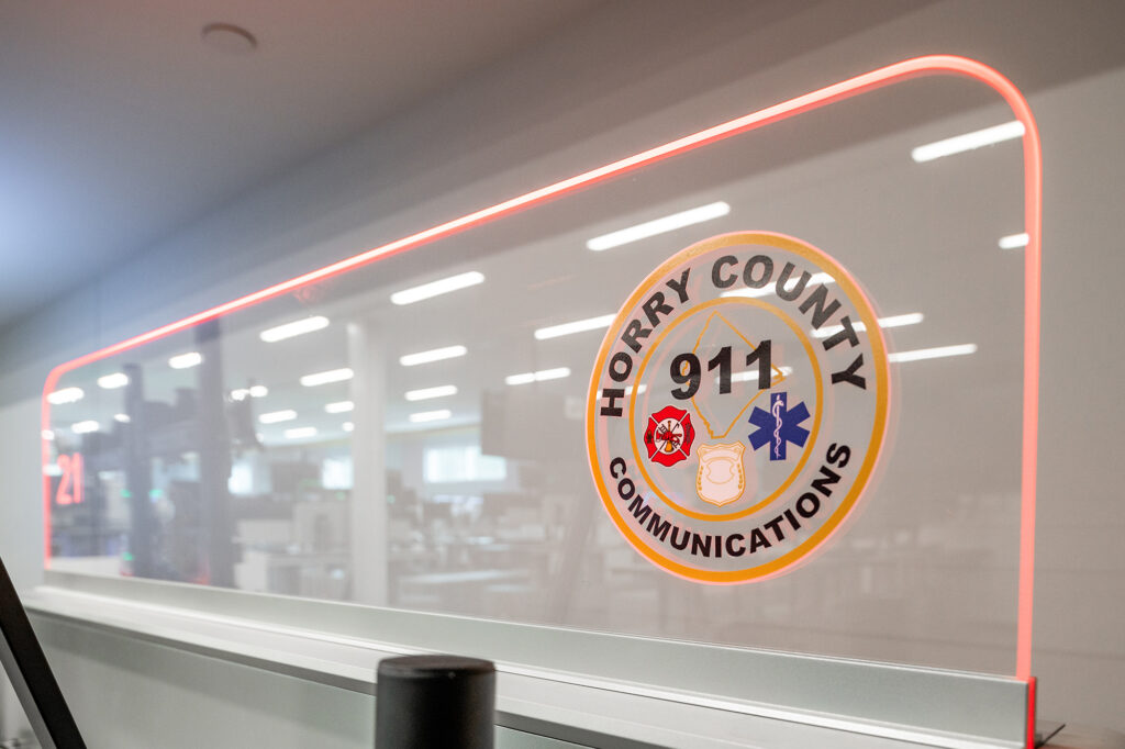 Horry County EOC and 911 Center dispatch signage.