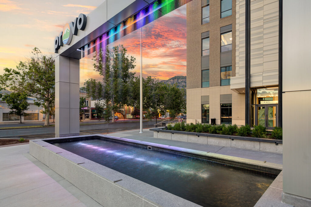 Provo Public Safety and City Center exterior water feature.