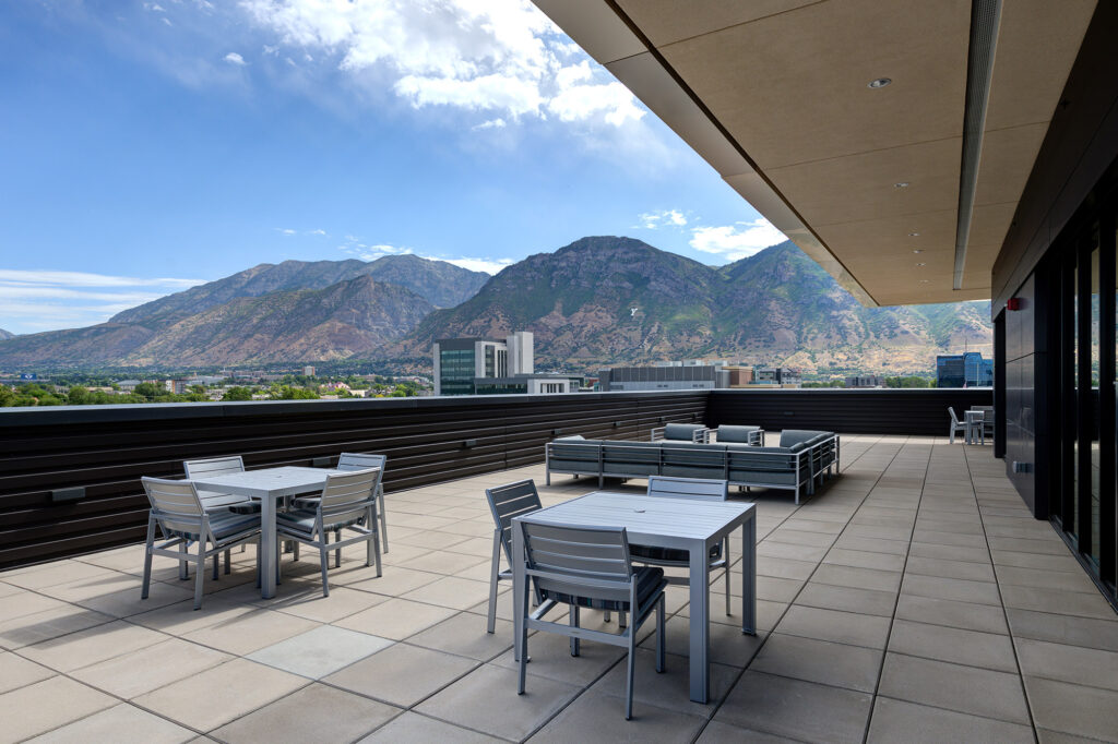 Provo Public Safety and City Center outdoor meeting space with a view of the mountains beyond it.