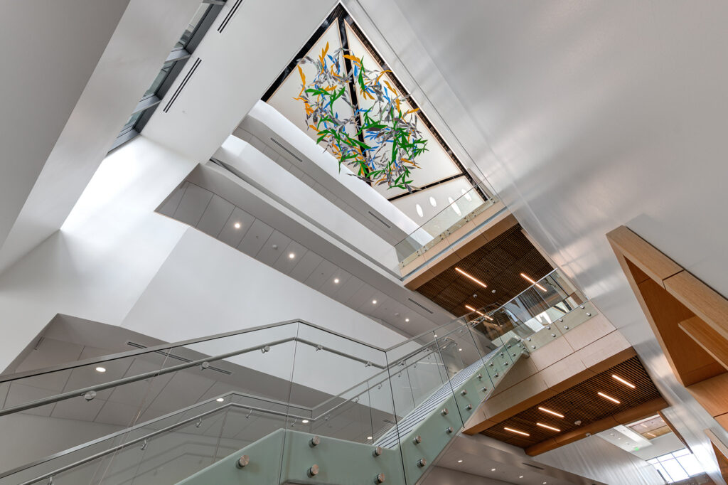 Provo Public Safety and City Center stairwell with glass art installation.