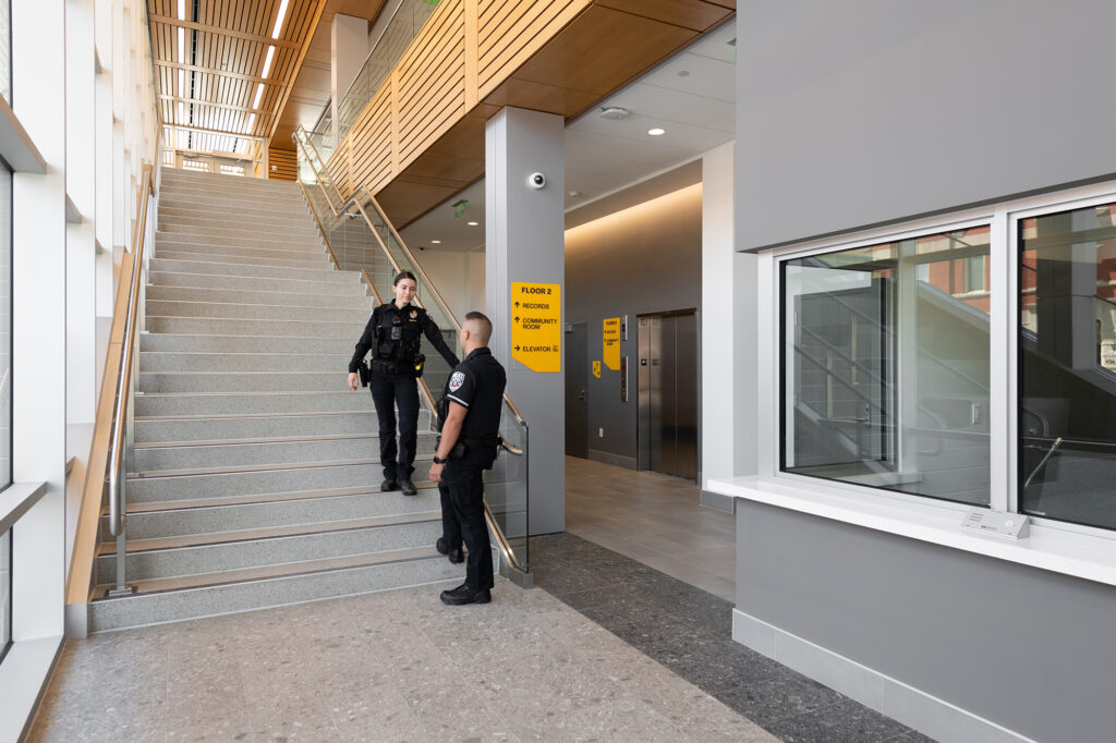 Lafayette Public Safety Building lobby with police officers.