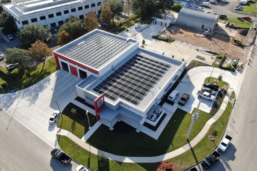 An aerial exterior view of the solar panels on top of the roof of the Orlando Fire Station No. 9.