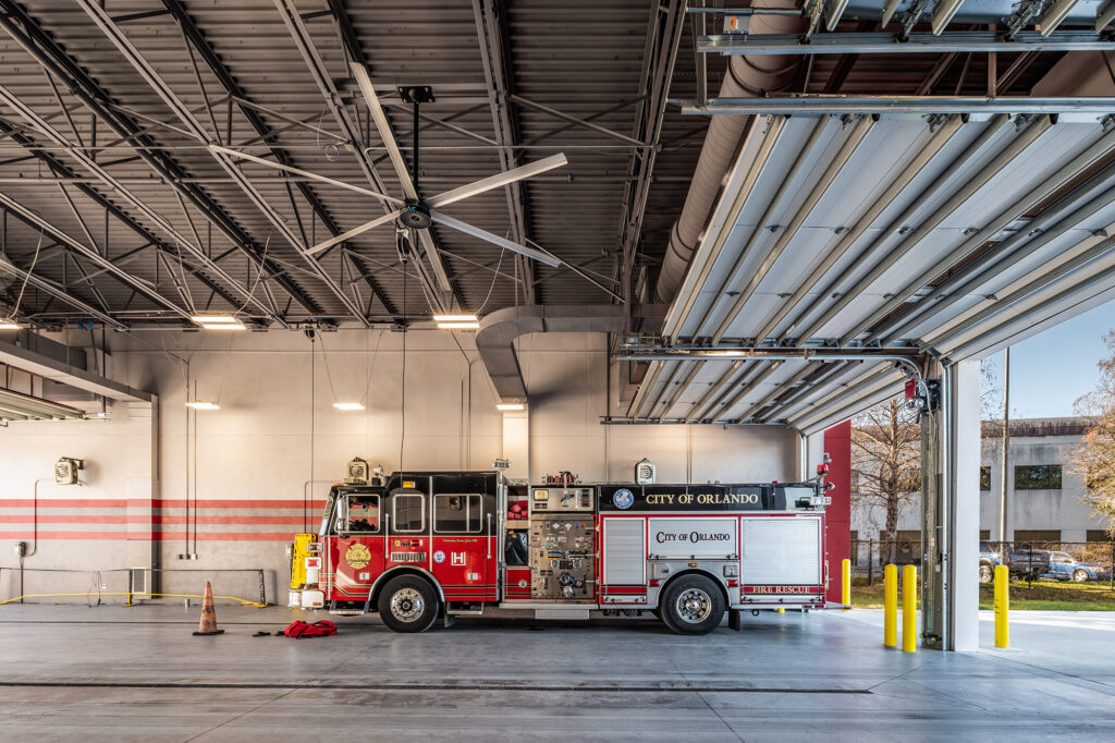 A view of one of the apparatus bays with a firetruck at the Orlando Fire Station No. 9.