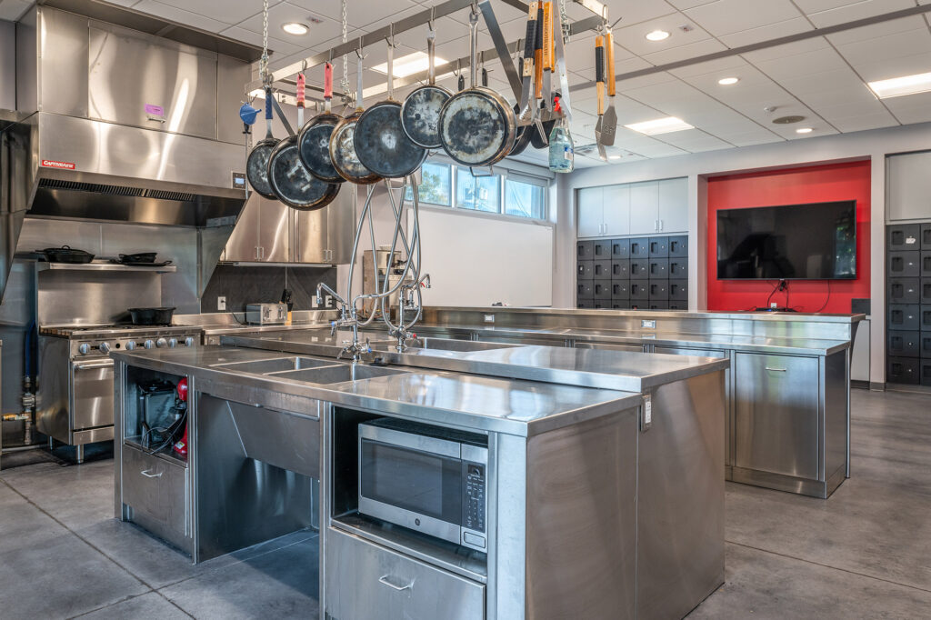 The kitchen with stainless steel appliances at the Orlando Fire Station No. 9.