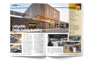 Two page magazine spread of the 2023 Officer.com award for the Lafayette Public Safety Facility project.