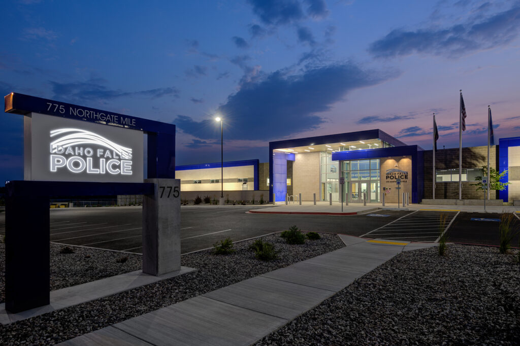 Idaho Falls Police Headquarters night time exterior shot.