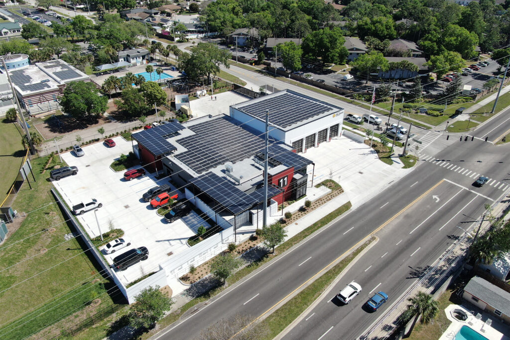 Orlando Fire Station No. 11exterior aerial view of solar panels on the roof.