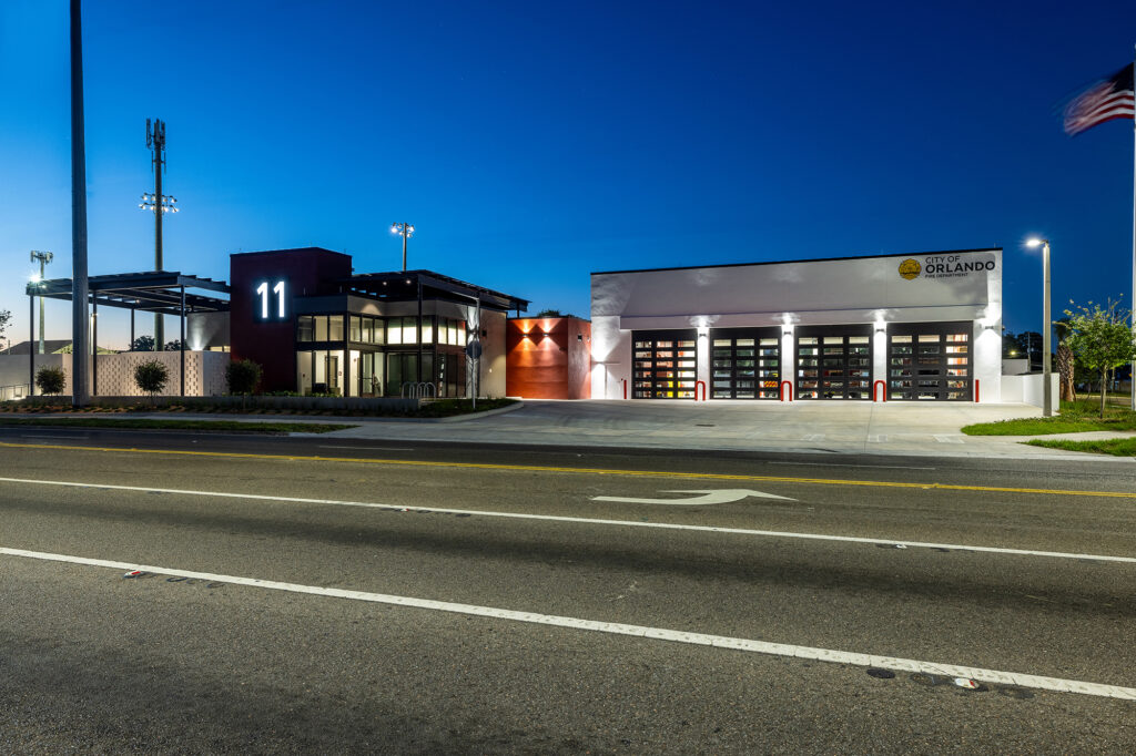 Orlando Fire Station No. 11 exterior view during twilight.