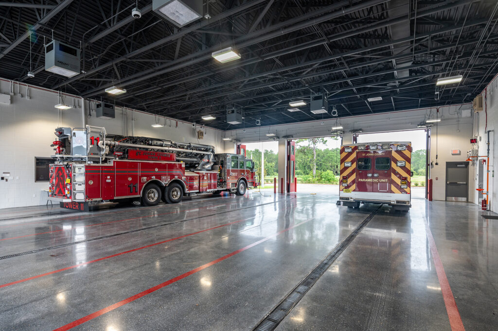 St. Johns County Fire Station No. 11 and Sheriff's Operation Center apparatus bay with firetrucks.