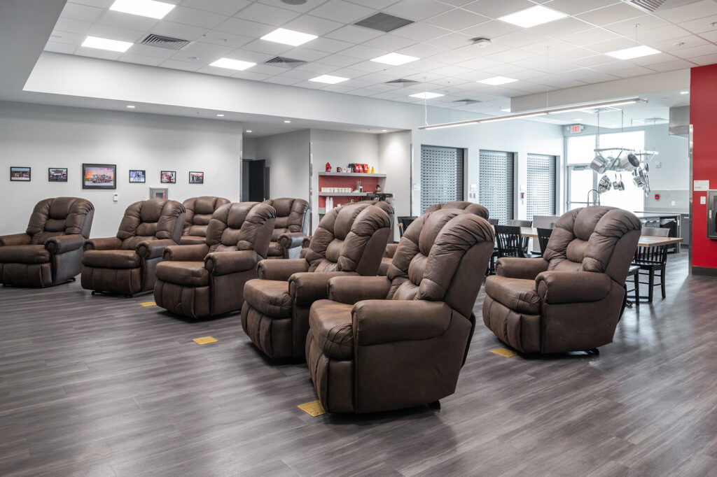 St. Johns County Fire Station No. 11 and Sheriff's Operation Center day room with plush lounge chairs.